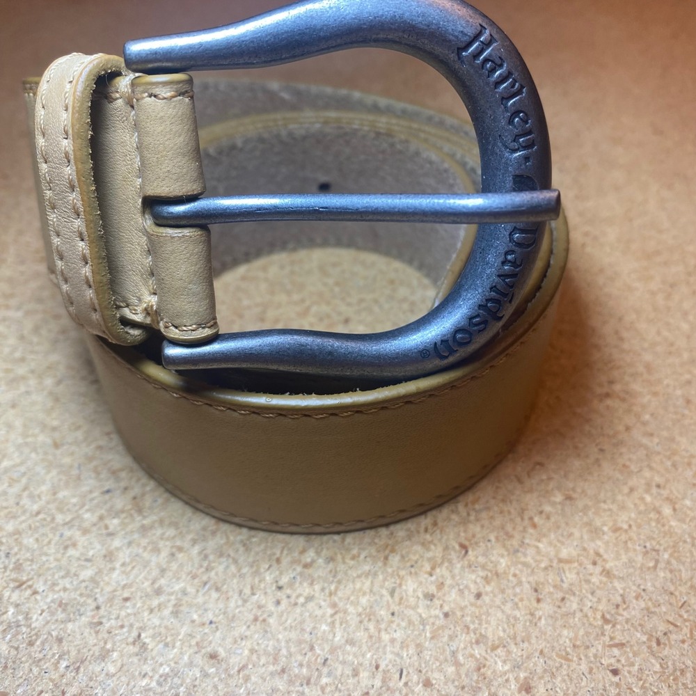 Harley Davidson Mens Tan Leather Belt XL Gunmetal Buckle Logo 45 Inch Long Biker